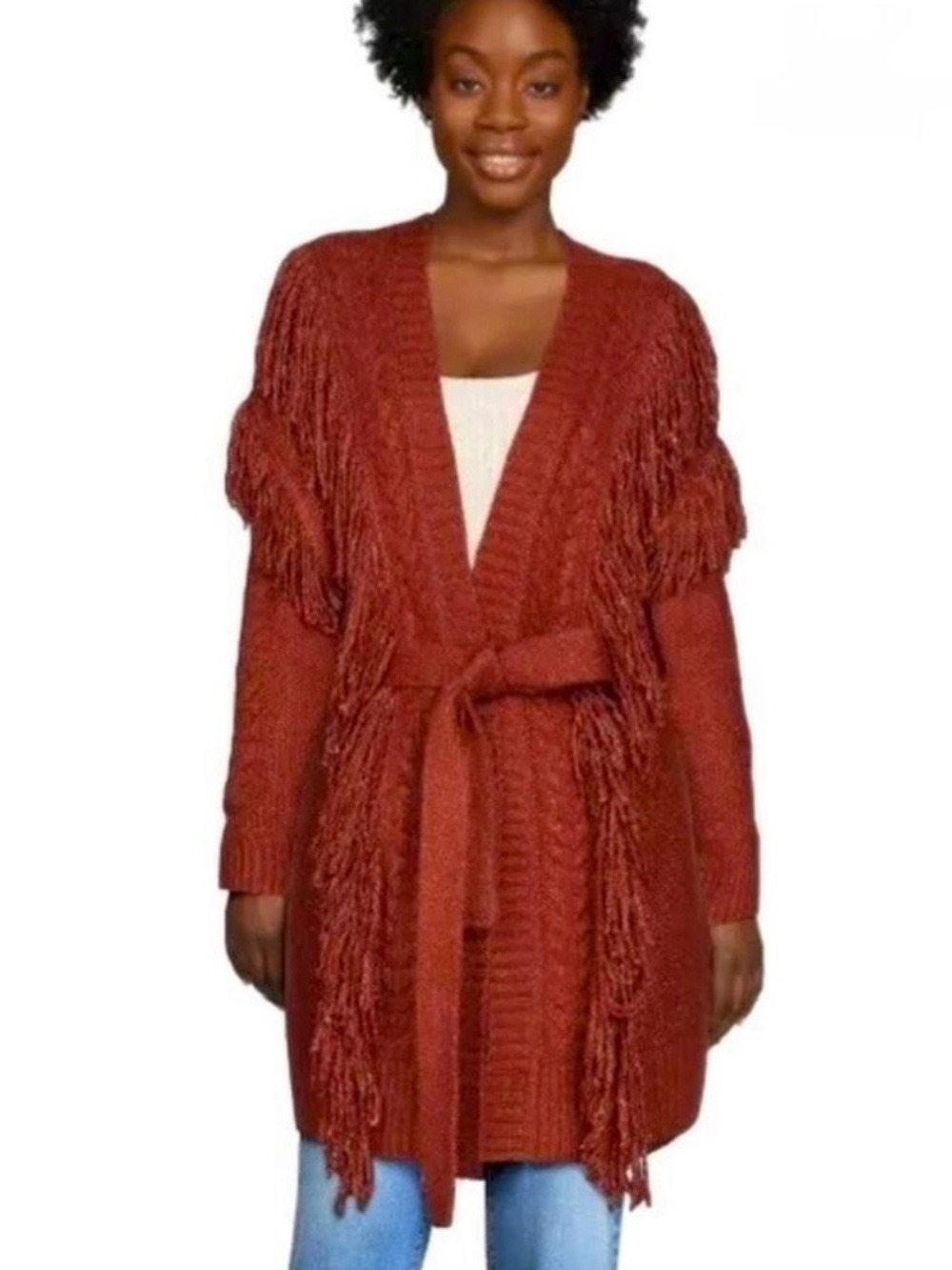 Scoop Fringe Cardigan Sweater with Belt Womens XXL 20 Rust Cinnamon Boho Fall